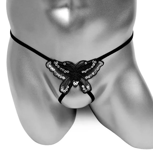 CHASTITY CAGE CO Embroidery Butterfly Sequin Thong Panties Male Sex Toys