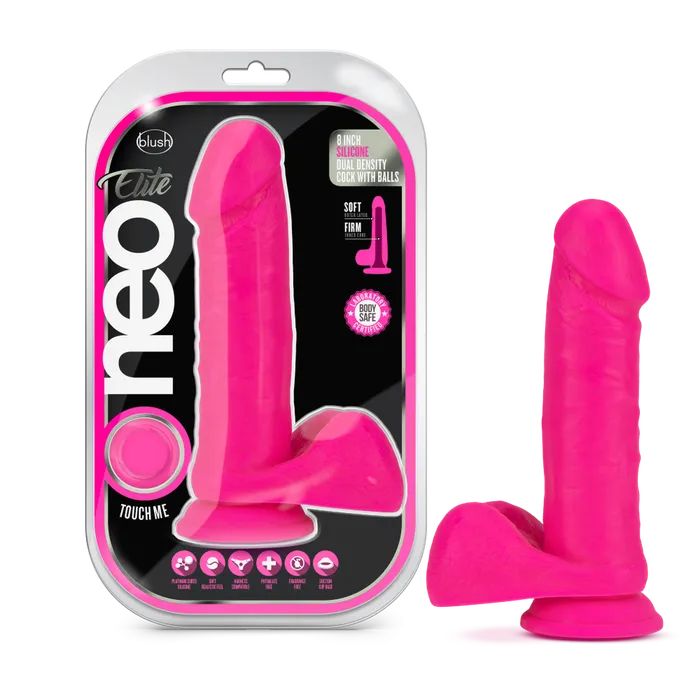Neo Elite 8 Inch Silicone Dual Density Cock with Balls Neon Pink Blush Dildos